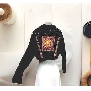 RARE Vintage Crosswalk LA Gold Studded Black Denim Jacket Medium Embroidered